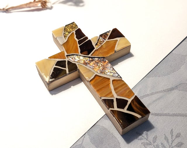 Rustic Mosaic Wooden Cross Glass Art by Irma K - Pixels